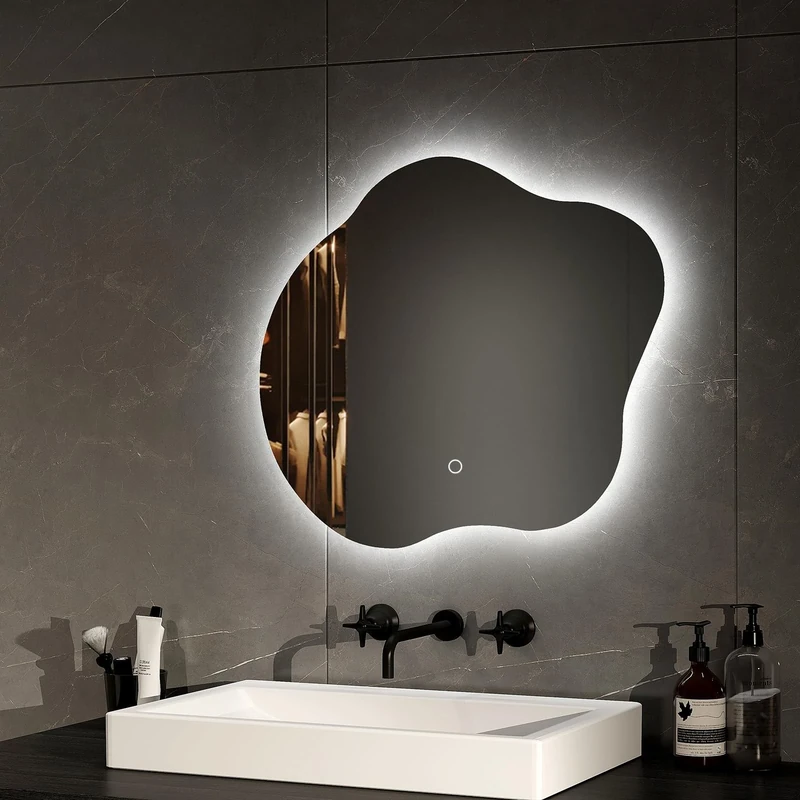 EMKE Bathroom Mirror with Led Lights - 450x500mm Irregular Shape Illuminated Frameless Bathroom Mirror Backlit Makeup Mirror with Demister, Dimming & 3 Colors, Memory Function, Vertical & Horizontal