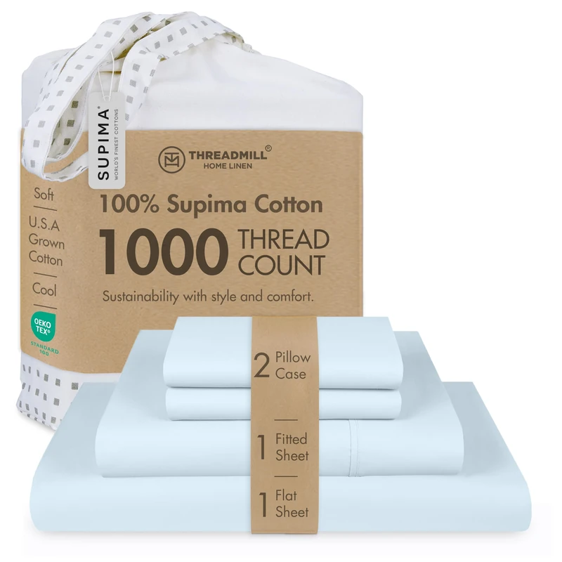 Threadmill 1000TC Supima Cotton Cal King Sheet Set, Sateen, Light Blue