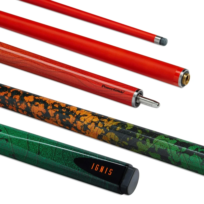 POWERGLIDE Ignis Carbon Fibre & Fibreglass 2 Piece 50/50 Joint Snooker Pool or Billiard Cue Stick | Ultra Smooth High Gloss | 18 oz | Full Size 57" | 10 mm Tip | Orange Design