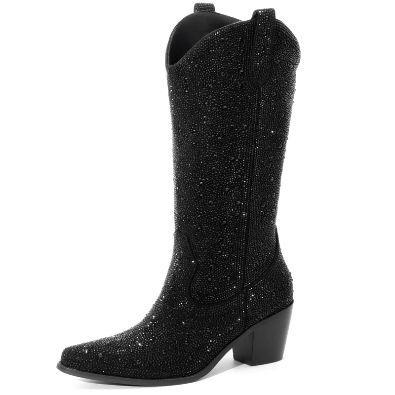 MISSMILLER Women’s Rhinestone Cowboy Boots Mid Calf Pointed Toe Sparkly Block Heel Cowgirl Boots with Pull On Tabs, Black, 7.5 UK - Image 1