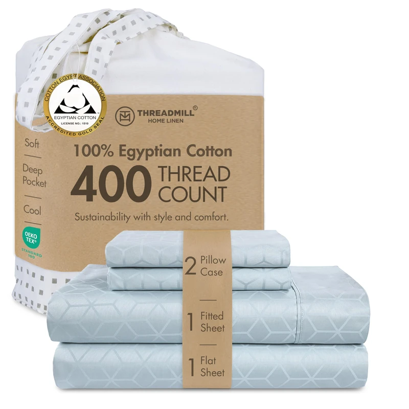 Threadmill 400TC Egyptian Cotton King Sheet Set, Jacquard, Light Blue
