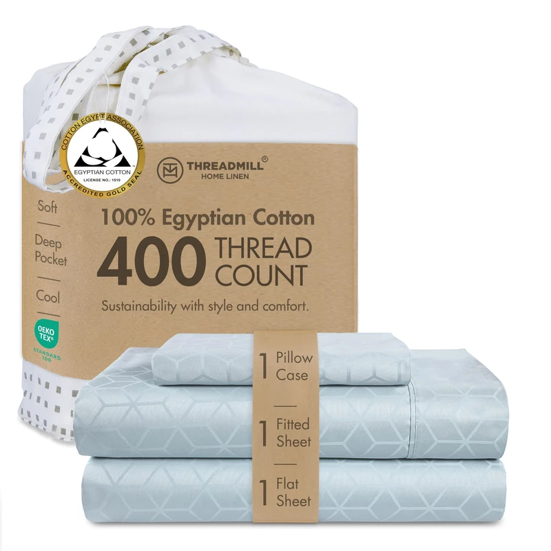 Threadmill 400TC Egyptian Cotton Twin Sheet Set, Jacquard, Light Blue