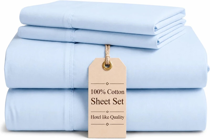 Good Sleep Bedding 100% Cotton - 4 Pc, King Size Sheets, Soft & Breathable Deep Pocket, Fits Upto 16", Luxury Bedsheets King Size Bed - Light Blue Sheets