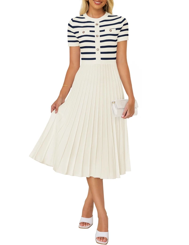 ZESICA Women's Casual Striped Midi Dress Crewneck Short Sleeve Button Ribbed Knit Swing Pleated A Line Dresses, Beige, S