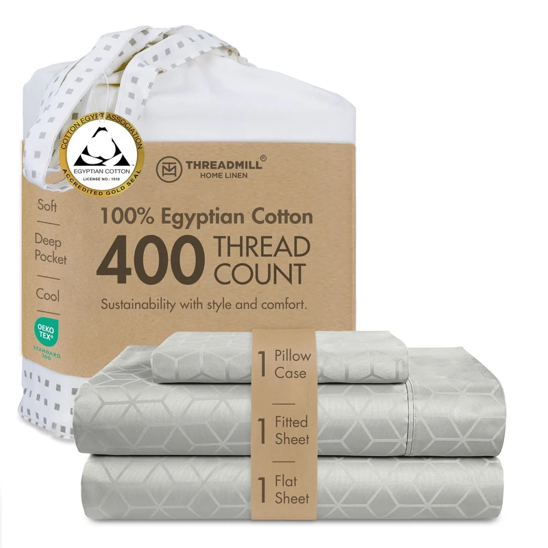 Threadmill 400TC Egyptian Cotton Twin Sheet Set, Jacquard, Light Grey