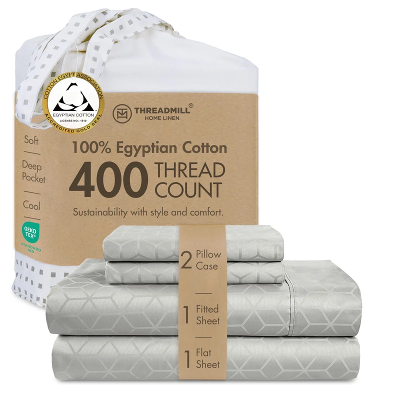 Threadmill 400TC Egyptian Cotton Queen Sheet Set, Damask, Light Grey