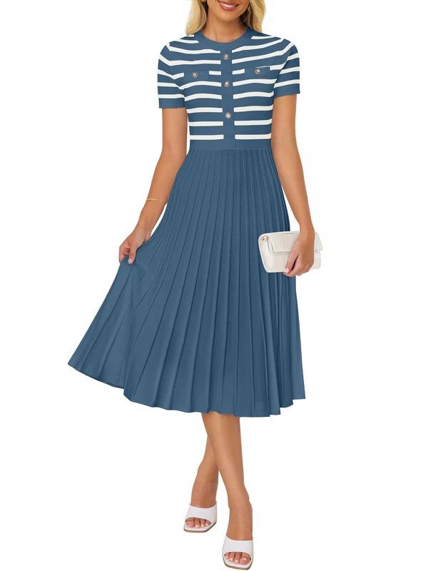 ZESICA Women's Casual Striped Midi Dress Crewneck Short Sleeve Button Ribbed Knit Swing Pleated A Line Dresses, Dusty Blue, M