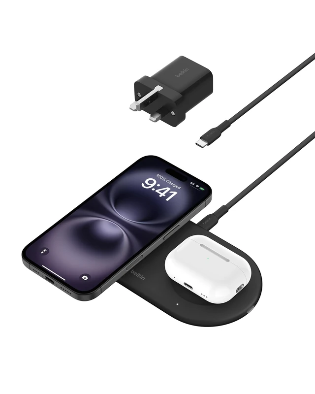 Belkin BoostCharge Pro 2-in-1 Wireless Charging Pad with Magnetic Qi2 15W, Fast Charging iPhone Wireless Charger Compatible with iPhone 17, Air, 16, 15, 14 Series, Pixelsnap, AirPods & More - Black
