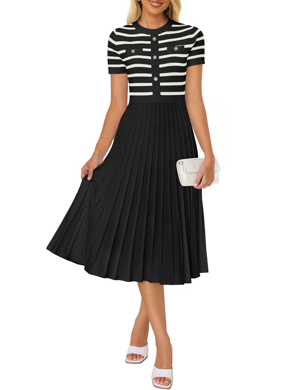 ZESICA Women's Casual Striped Midi Dress Crewneck Short Sleeve Button Ribbed Knit Swing Pleated A Line Dresses, Black, S