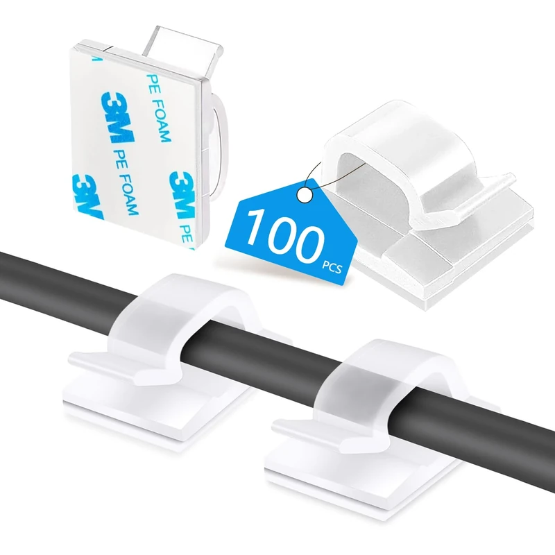 Abnii 100PCS Large Cable Clips, Self Adhesive Wire Clips Organizer Cord Management, Sticky Cable Tidy Outdoor Strong for Wall, Desk, Christmas String Lights, TV PC Ethernet, Clear