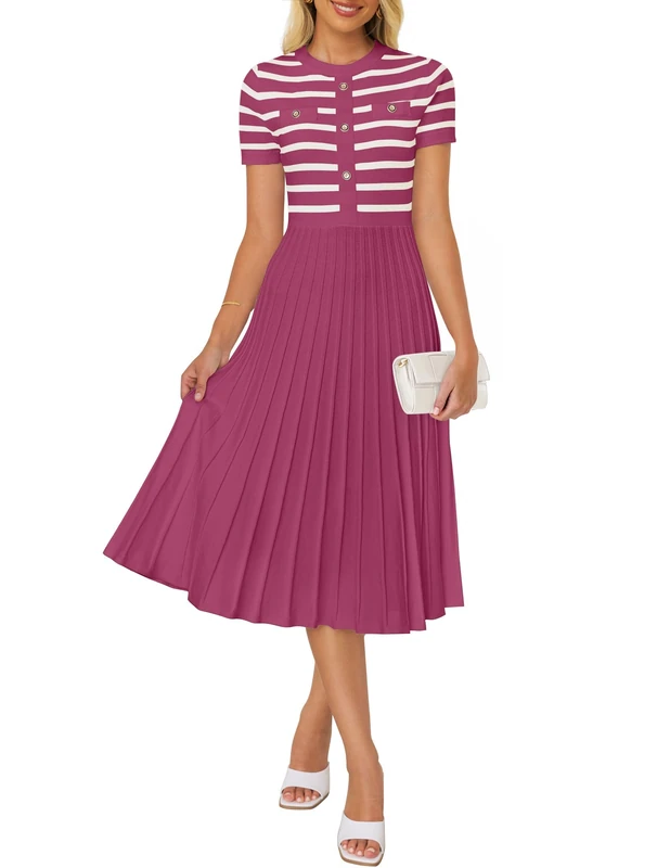 ZESICA Women's Casual Striped Midi Dress Crewneck Short Sleeve Button Ribbed Knit Swing Pleated A Line Dresses, Plum, S