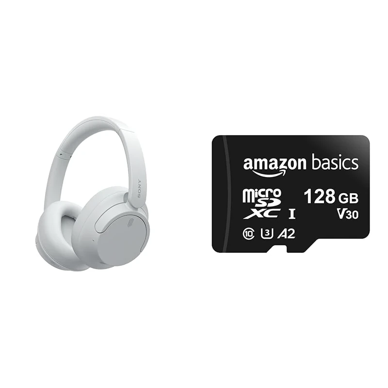 Sony WH-CH720N Noise Cancelling Wireless Bluetooth Headphones - White & Amazon Basics - MicroSDXC Memory Card, 128GB, with SD Adapter, A2, U3, 100MB/s Max Read Speed, Black