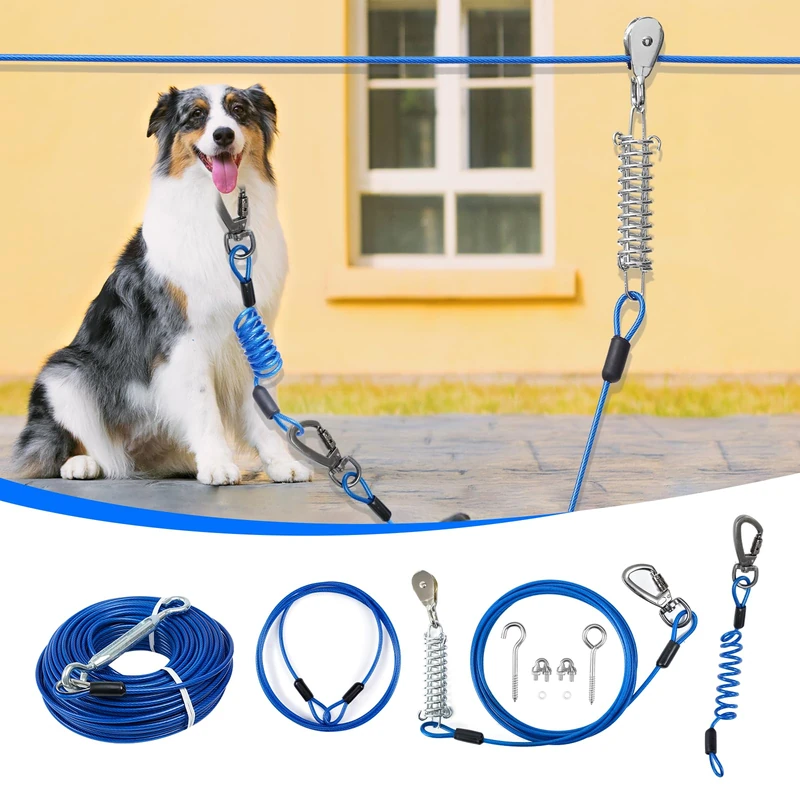 Dog Garden Path, Double Shock Absorbing Trolley System for Large Dogs, Heavy Duty 60m Tie Down Cable with 3m Dog Leashes, for Dogs up to 44 - Image 1