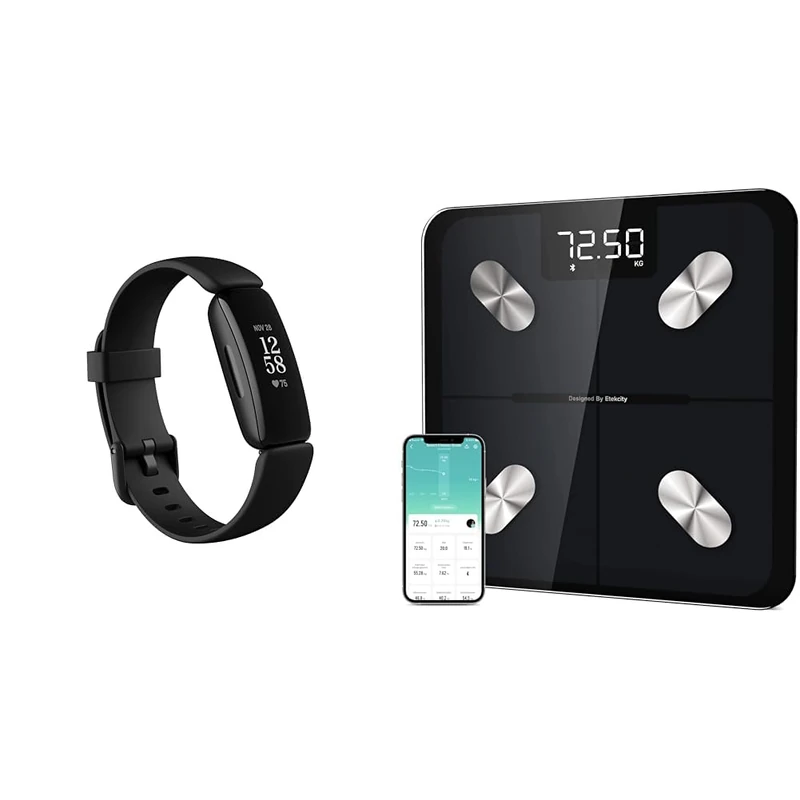 Fitbit Inspire 2 Health & Fitness Tracker with 1-Year Premium Included, 24/7 Heart Rate & up to 10 Days Battery, Black & Etekcity Smart Bathroom Scales for Body Weight