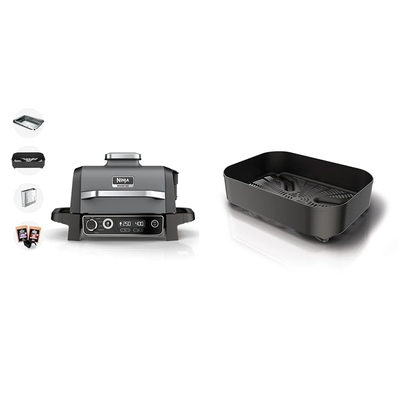 Ninja Woodfire Electric BBQ Grill & Smoker, 7-in-1 Outdoor Barbecue Grill & Air Fryer, Grey/Black, OG701UK & Woodfire Combo Crisper Basket, Official Accessory, Black XSKCRISPBTEUK