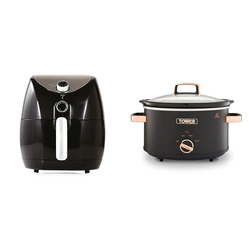 Tower T17021 Family Size Air Fryer with Rapid Air Circulation, 60-Minute Timer, 4.3L, 1500W, Black & T16042BLK Cavaletto 3.5 Litre Slow Cooker with 3 Heat Settings, Pot and Handles,Black and Rose Gold