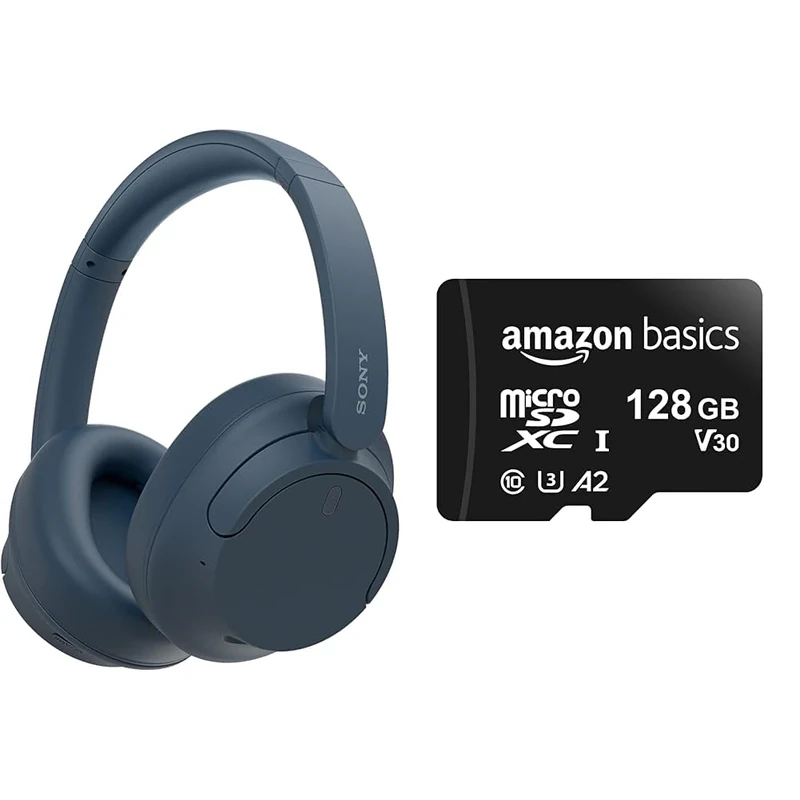 Sony WH-CH720N Noise Cancelling Wireless Bluetooth Headphones - Blue & Amazon Basics - MicroSDXC Memory Card, 128GB, with SD Adapter, A2, U3, 100MB/s Max Read Speed, Black