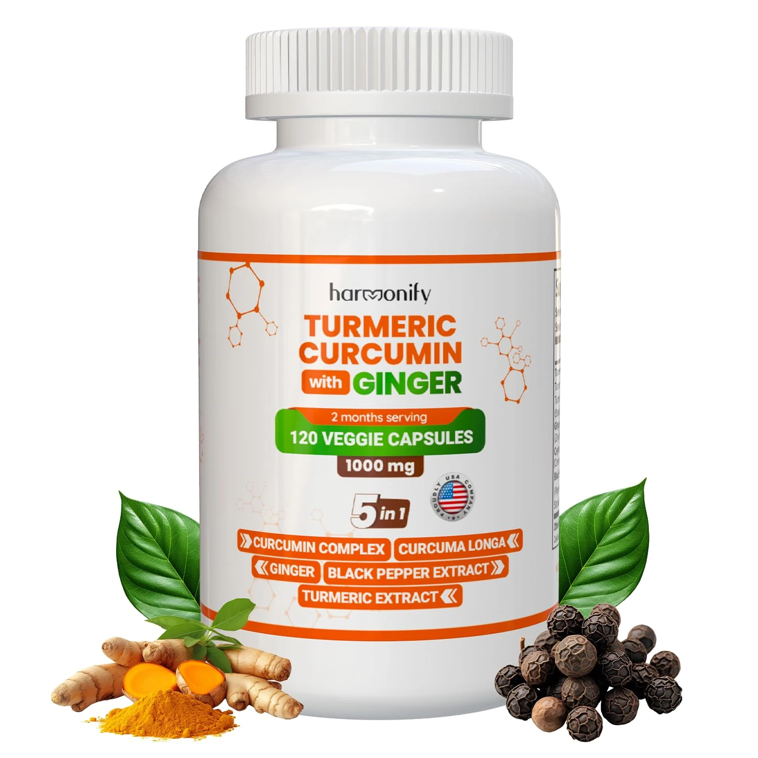 Turmeric Curcumin Supplement with Ginger, Ceylon Cinnamon and Black Pepper Complex 5 in 1 Formula, Curcuma Longa, Max Absorption, 1000 mg, 120 Herbal Extract Capsules