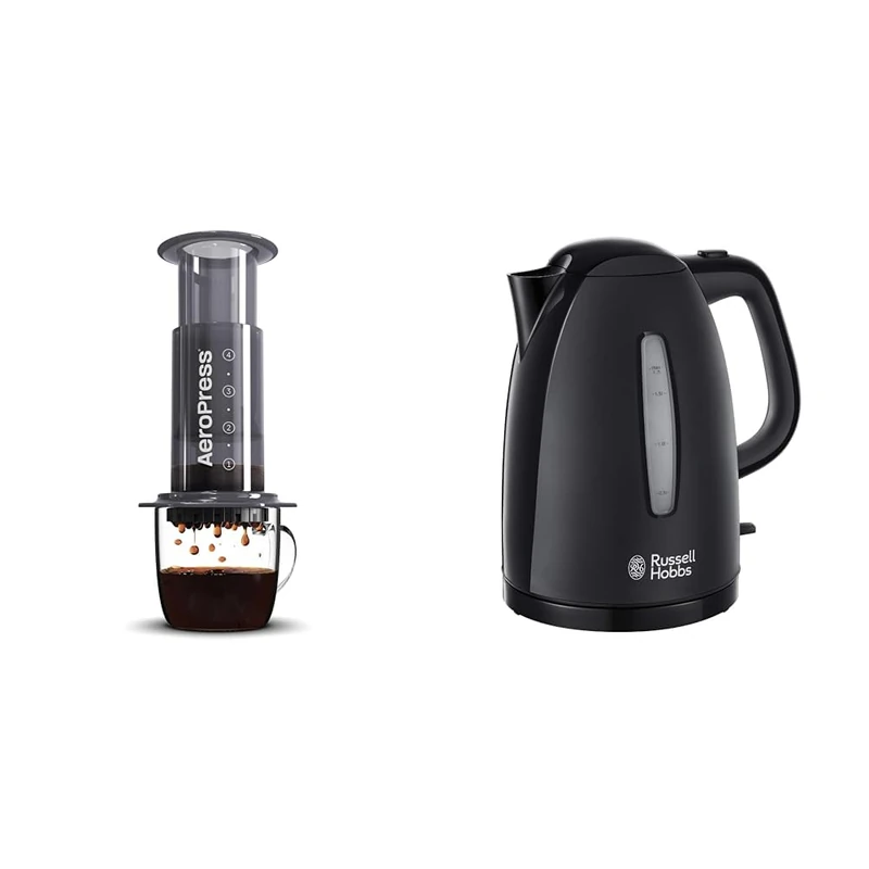 Aeropress Coffee and Espresso Maker - Quickly Makes Delicious Coffee Without Bitterness - 1 to 3 Cups Per Pressing,Black & Russell Hobbs Textures Plastic Kettle 21271, 1.7 L, 3000 W - Black
