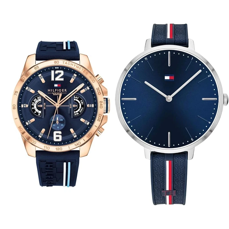 Tommy Hilfiger Analogue Multifunction Quartz Watch for Men with Navy Blue Silicone Bracelet - 1791474 & Analogue Quartz Watch for Women with Navy Blue Silicone Bracelet - 1782154