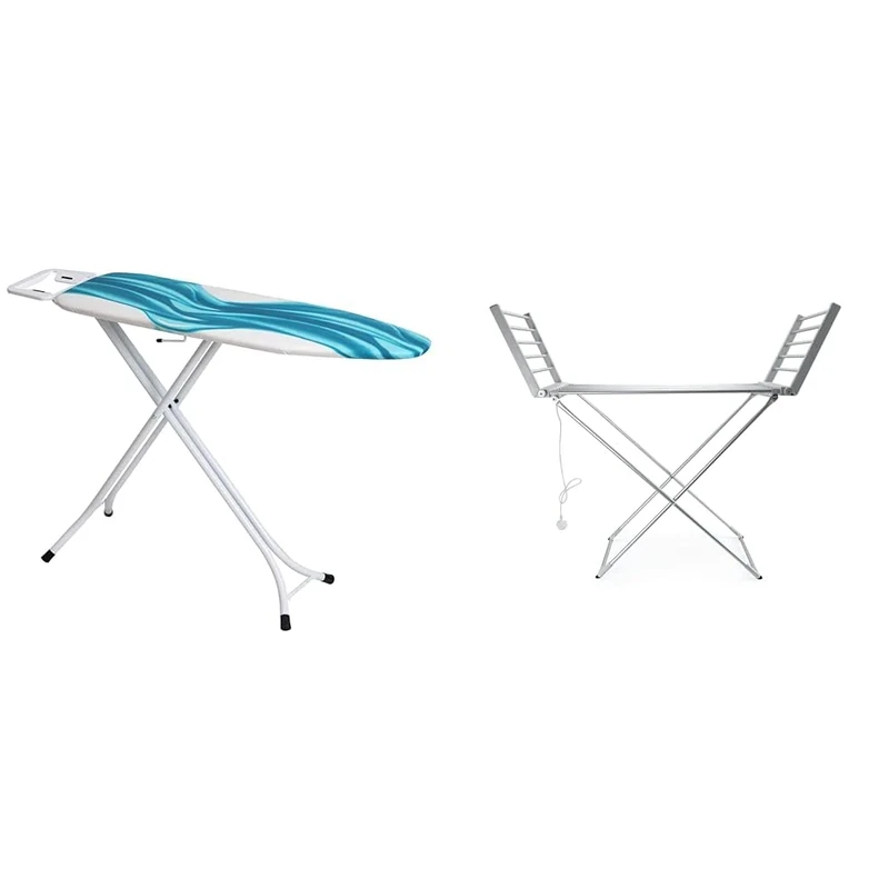 Mabel Home Adjustable Height, Deluxe, 4-Leg, Ironing Board, Extra Cover, Blue/White Patterned & Status Heated Clothes Airer | Aluminium Clothes Drying Rack | AHCA-220W1PKB