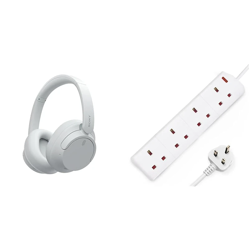 Sony WH-CH720N Noise Cancelling Wireless Bluetooth Headphones - White & DESIRETECH White Electric Extension Lead 4 Gang 2 Metre | 2m Long Cable | UK Plug 3 Pin Socket Outlet
