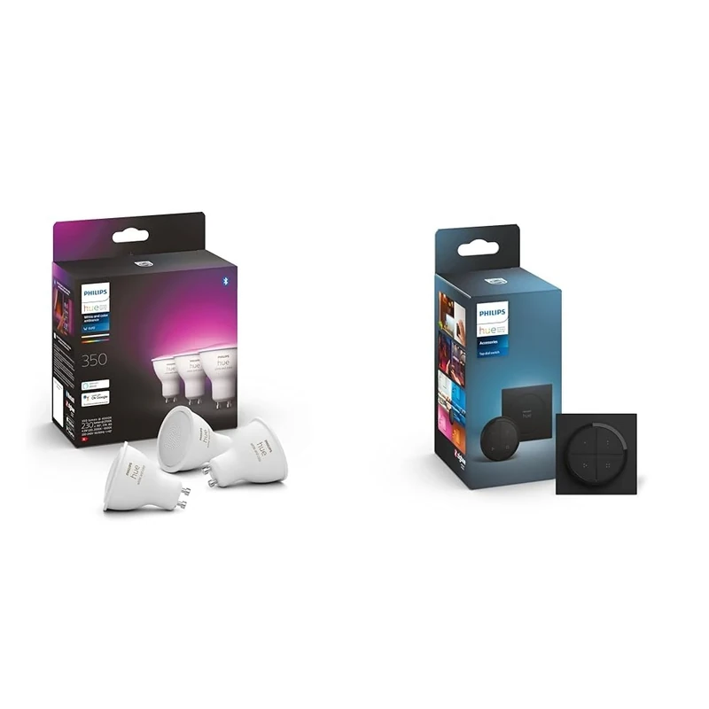 Philips Hue White & Colour Ambiance Smart Spotlight 3 Pack LED - 350 Lumens & Tap Dial Switch Easy Smart Lighting Control. Indoor Home Lighting Automation, Set Scenes, Ambiance and Dimming.