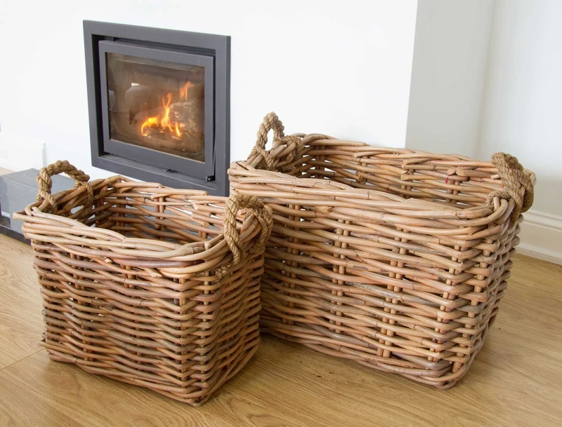 Sustainable Furniture UK Ltd - Pair of Natural, Wicker, Rectangular Log Baskets with Rope Handles | perfect storage for logs, kindling or fire accessories