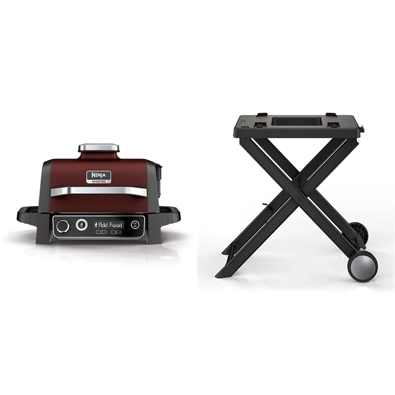 Ninja Woodfire Electric Outdoor BBQ Grill, Smoker and Air Fryer with Pellets and Digital Probe, 5 Skewers, 7 Functions; Grill, Smoke & Woodfire Folding Grill Stand, Official Accessory, Black/Grey
