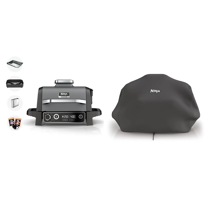 Ninja Woodfire Electric BBQ Grill & Smoker, 7-in-1 Outdoor Barbecue Grill & Air Fryer, Grey/Black, OG701UK & Woodfire Grill Cover, Black,XSKCOVEREUUK - Image 1