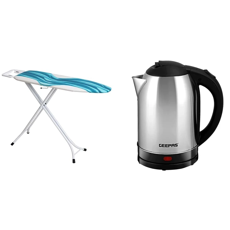 Mabel Home Adjustable Height, Deluxe, 4-Leg, Ironing Board, Extra Cover, Blue/White Patterned & Geepas Electric Kettle, 1500W | Stainless Steel Cordless Kettle | 1.8L Jug Kettle for Hot Water Tea