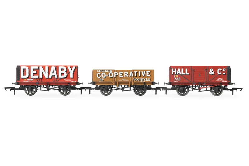 Hornby - Wagons - R60104 Triple Wagon Pack, Denaby Colliery, Leicester Co-Op & Hall & Co - Era 3 Train Toy, 00 Gauge Wagons & Freight for Train Set, Models for Adults - 1:76 Scale Model Gift