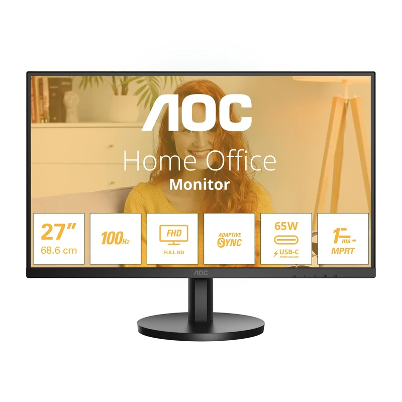 AOC 27B3CA2 - 27 Inch FHD Monitor, 100Hz, IPS, Speakers, USB-C Connectivity, FlickerFree, Adaptive Sync, LowBlue (1920 x 1080, 250 cd/m2, HDMI 1.4 / USB-C 65W Power delivery)