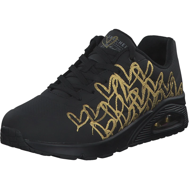 Skechers Women's Uno Golden Heart Sneaker, Black Durabuck/Gold Mylar Embroidery, 3 UK