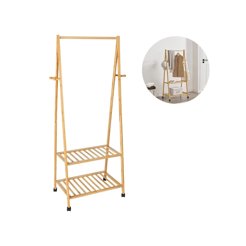 Avilia Vertical Coat Rack with 2 Shelves and Wheels – Coat Rack for Entrance with Shelves and Hooks, in Bamboo, 76.5 x 165 x 43.5 cm