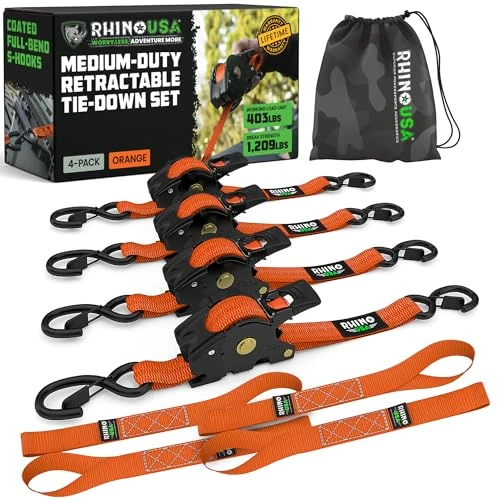 Rhino USA Retractable Ratchet Tie Down Straps (4PK) - 540kg Guaranteed Max Break Strength, Includes (4) Ultimate 2.5 cm x 3m Autoretract Downs with Padded Handles - Orange