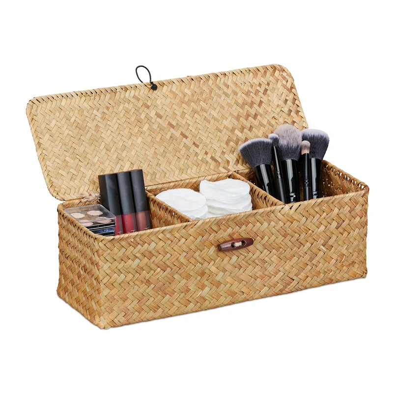 Relaxdays Storage Box, with Lid, Seagrass, 3 Compartments, Versatile Storage, HxWxD: 11 x 33 x 12.5 cm, Basket, Natural - Image 1