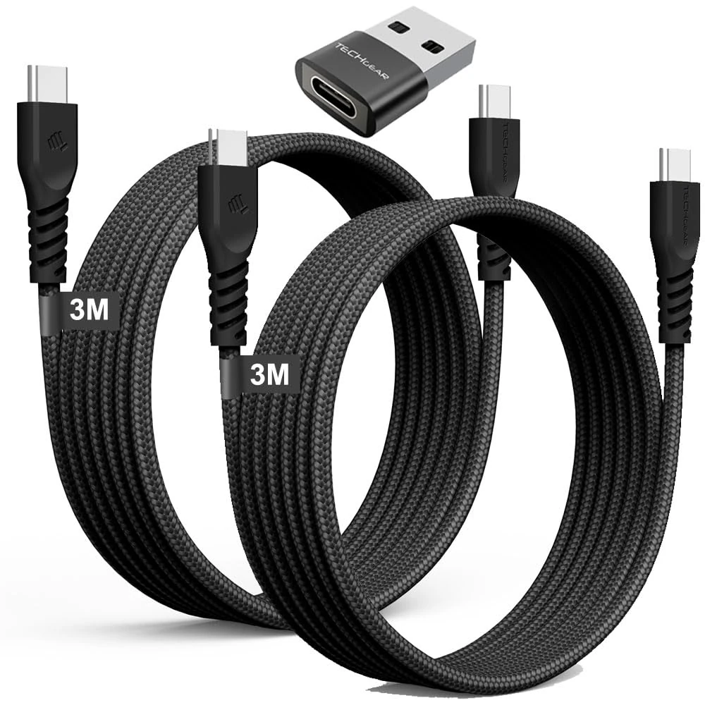 TECHGEAR USB C to USB C Long Charger Cable 60W (3M+3M+Adapter) Braided Extra Long Fast Charging Type C Data Lead for iPhone 17 16 15 Pro Max, iPad A16/Air/Pro, Samsung S26 S25 S24, Pixel, Honor Switch