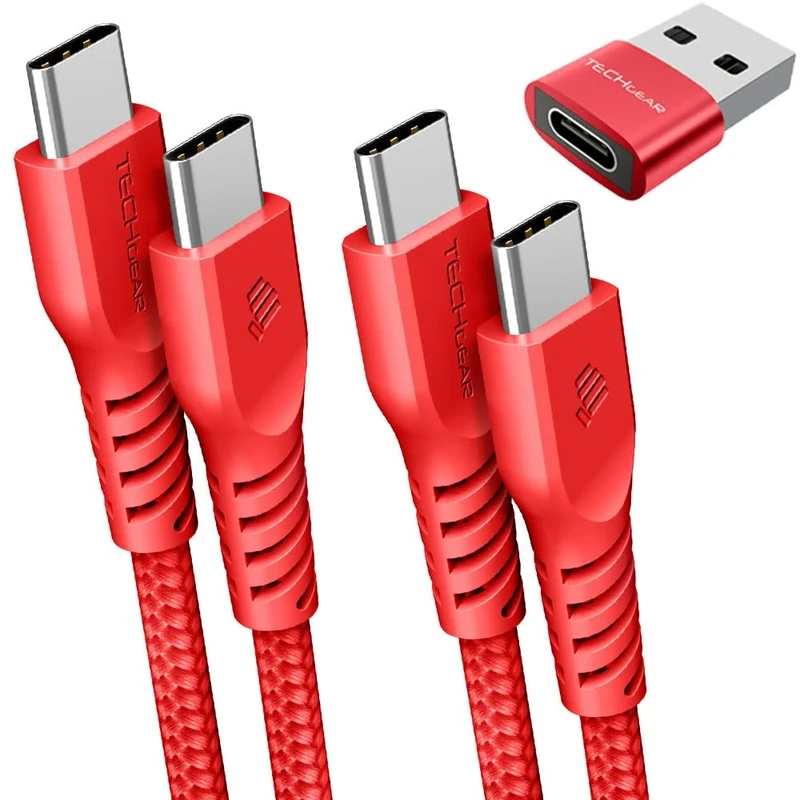 TECHGEAR USB C to USB C Charger Cable 60W (1M+2M+Adapter) Strong Braided Fast Charging Type C Data Lead for iPhone 17 16 15 Pro Max, iPad Air/Pro/A16/10th, Samsung S26 S25 S24 A54 A16, Pixel, Oppo etc