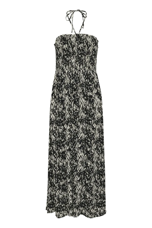 KAFFE Women's Maxi Dress Strapless Smock Top Tie Neck A-line Skirt Printed, Black/White Graphic Snake, 10 - Image 1