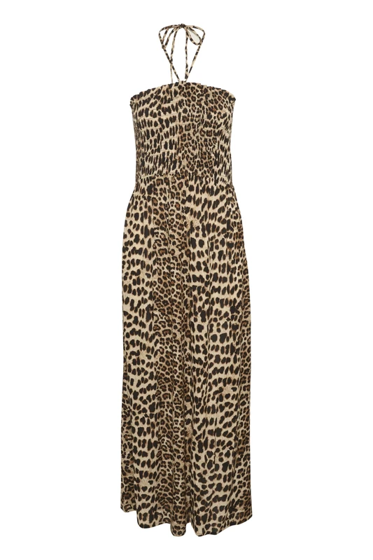 KAFFE Women's Maxi Dress Strapless Smock Top Tie Neck A-line Skirt Printed, Classic Leopard, 14