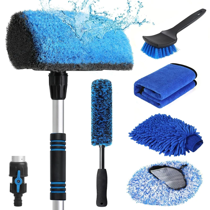 Wontolf 63'' Car Wash Brush with Long Handle, Scratch-Free Soft Bristles Sturdy Car Wash Brush, Complete Cleaning Kit with Car Wash Mop Mitt Towel Windshield Squeegee Wheel Tire Brush for Car Truck RV