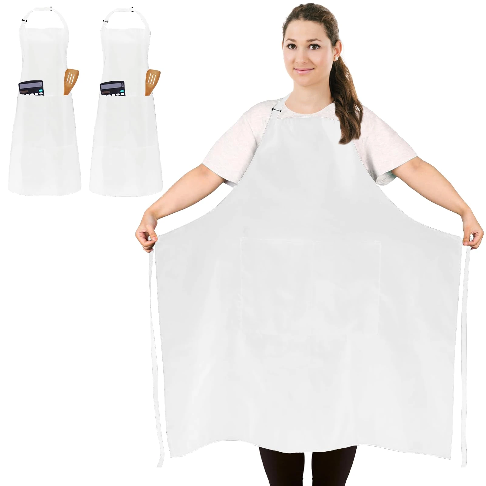 FunChaos 2 Pcs Plus Size Apron, White Chef Apron, Unisex Aprons with 2 Pockets for Cooking, Grilling, BBQ, Work, Professional Aprons for Waiter Artist Hairdresser (Larger Size)