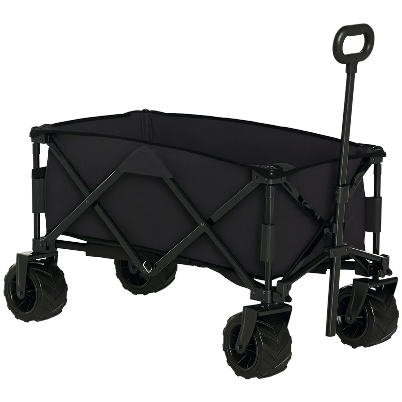 Outsunny 140L Festival Trolley on Wheels, Folding Camping Trolley Cart with Telescopic Handle, Big Wheels for Outdoor Garden Beach Fishing, Black
