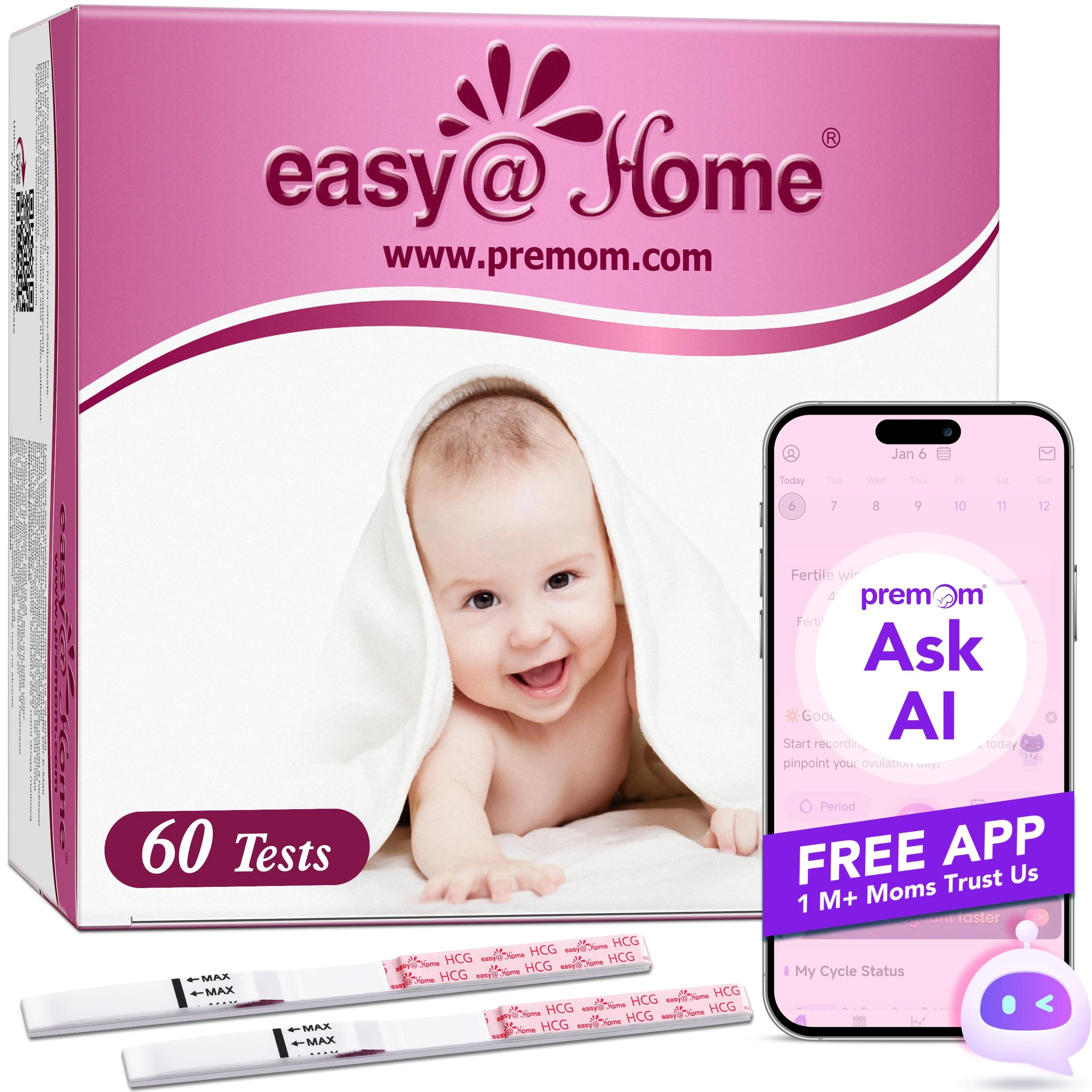 Early Detection Pregnancy Test Strips: Easy@Home 60 x Early Pregnancy Tests, 10 MIU/mL Sensitive HCG Level Tests, Accurate & Reliable Pregnancy Strips with Premom APP, Exp: 2025.10.31