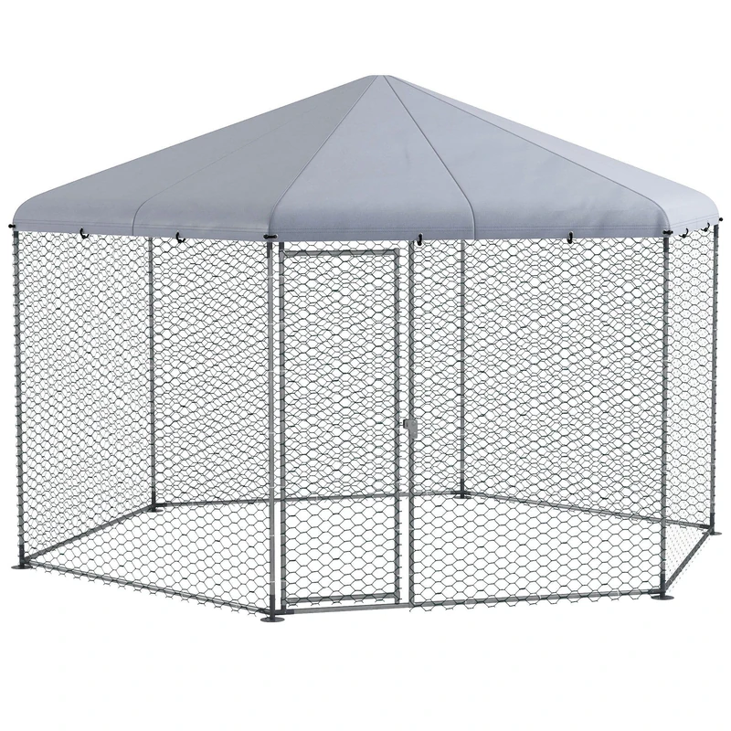 PawHut Walk in Chicken Run Chicken Coop Galvanised Outdoor Poultry Cage w/Cover, for 10-15 Chickens, Hens, Rabbits, Ducks, 4 x 3.5 x 2.6m - Silver Tone