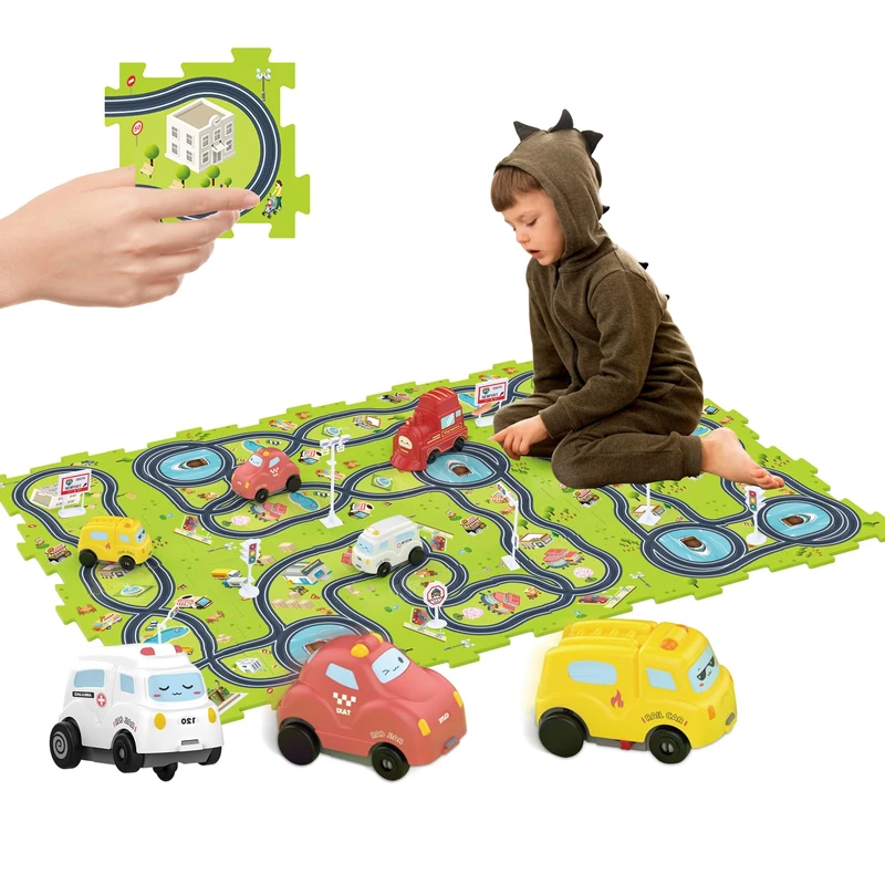 Bearbao Toddler Toys Gifts for 3 4 5 Year Old Boys, Total 24 Pieces Jigsaw Puzzle Racer Track Car Set with 3 Cars for Kids Boys 3-5, Puzzle Tracks Car Toys Gifts for 3 4 5 Years Old Boy Kids
