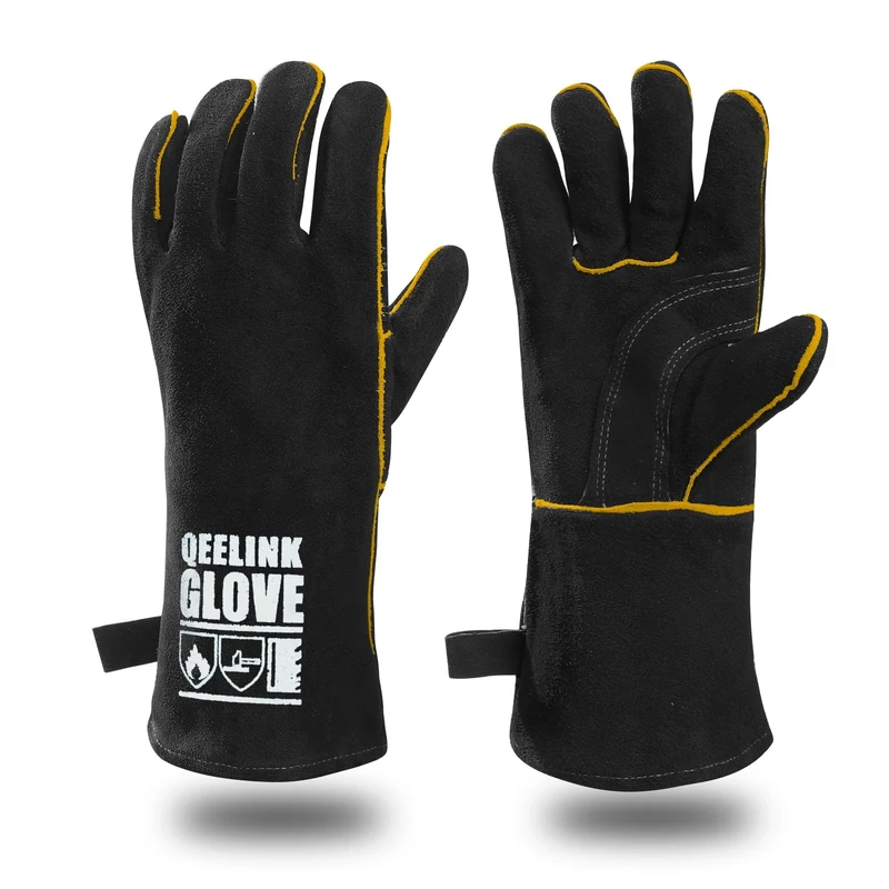 QeeLink Welding Gloves - Heat & Wear Resistant Lined Leather and Fireproof Stitching - For Welders/Fireplace/BBQ/Gardening (Black, Standard (14-Inch))