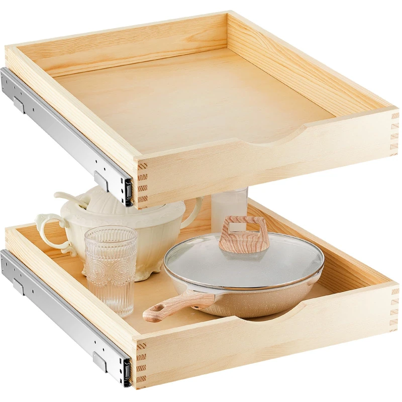 Menkxi 2 Set Pull out Tray Cabinet Organizer Wooden Pull Drawers storage Slide out Pantry Shelf for Base Cabinet Kitchen Gentle Close Fully Assembled Accessories(Wood Color,18'' X 21'' X 3'')