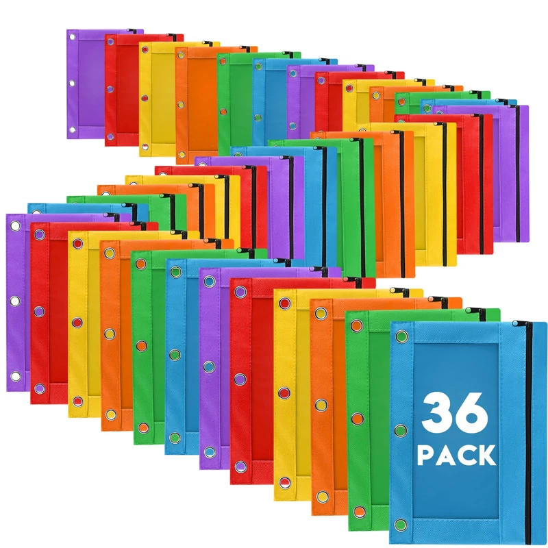 Pencil Pouch for 3 Ring Binder, 36 Pack Bulk Pencil Bags with Zipper, 6 Colored Pencil Case for Classroom School Office Supplies, Large Sturdy and Durable Cloth Pencil Pocket for 3 Holder Binder